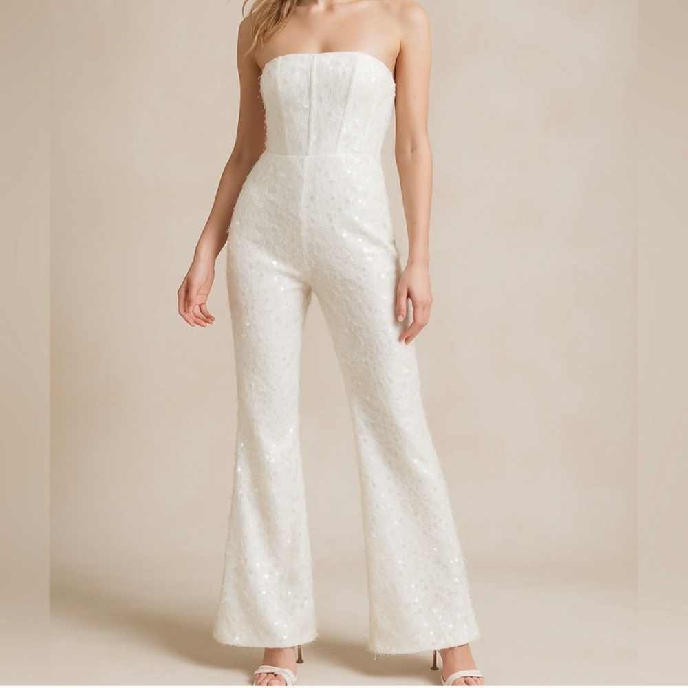 PrettyLittle Thing Strapless White Sequin Jumpsuit